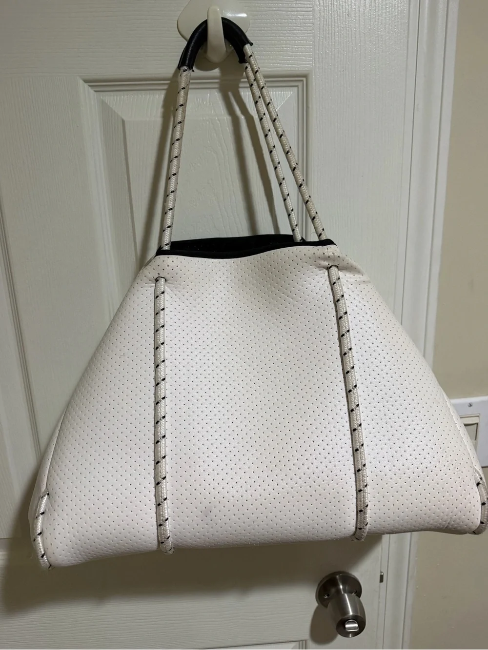 Haute Shore White Perforated Tote with Neon Rainbow Stripe